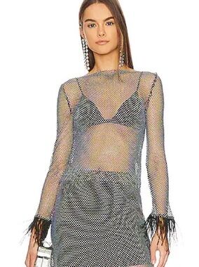 $168 msrp Steve Madden revolve Black Rhinestone Skirt Set with Feather Cuffs xs
